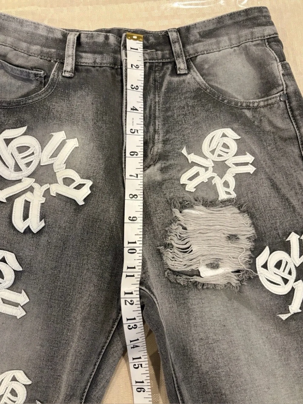 GUAPI Distressed Skinny Jeans Gray Denim Embroidered Logo Streetwear Men's 28 - Picture 10 of 11